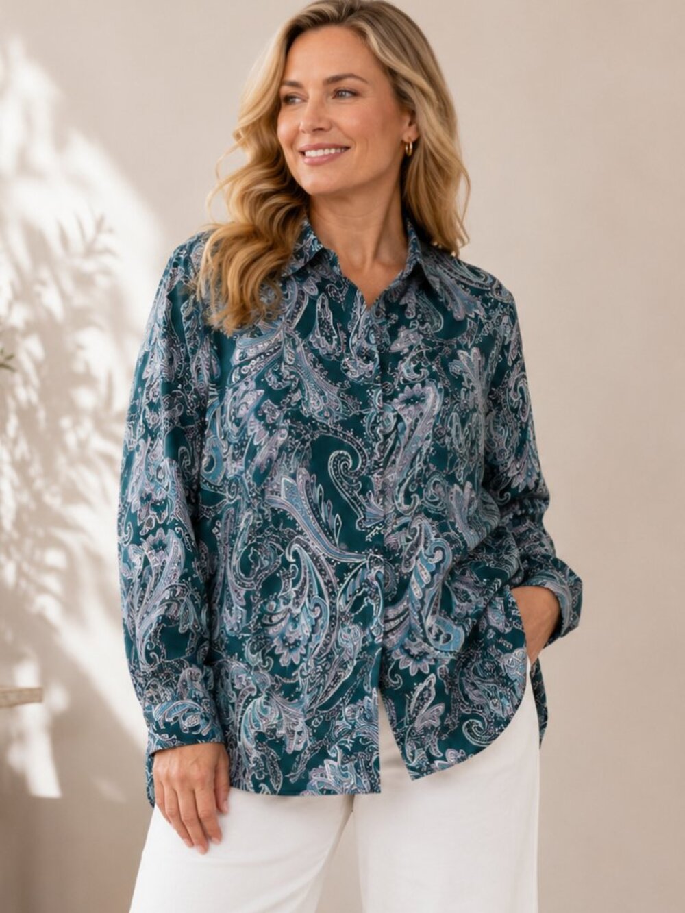 Talbots Paisley Button Front Shirt Teal Green Lavender Cotton Blouse 16W
